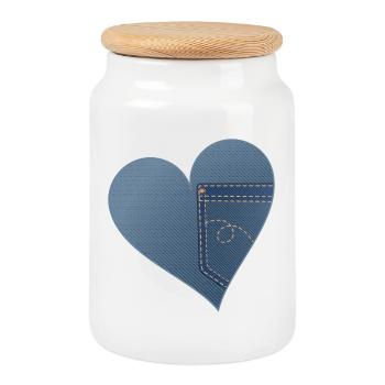 coeur bleu en jean look avec poche pantalon - Boîte à biscuits avec couvercle en bois - blanc - Devant