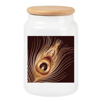 hand-drawn gold-colored peacock feather - Cookie Jar with Wooden Lid - white - Front