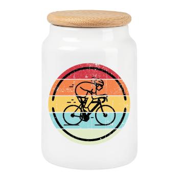 Cycliste rétro dans les cercles au coucher du soleil - Boîte à biscuits avec couvercle en bois - blanc - Devant