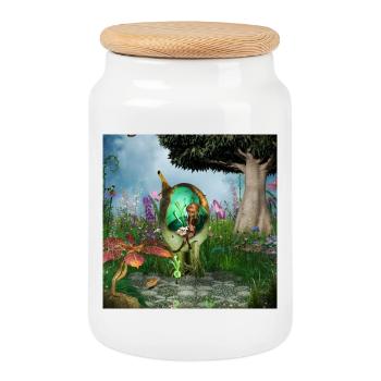 Little fairy with her cat - Cookie Jar with Wooden Lid - white - Front
