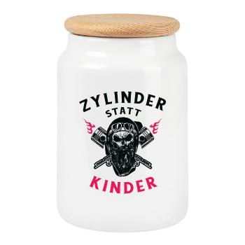 Zylinder statt Kinder Motorrad Design - Keksdose mit Holzdeckel - Weiß - Vorne