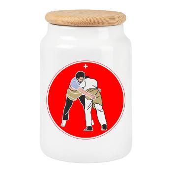 Schweizer Nationalsport Schwinger tafel rot - Keksdose mit Holzdeckel - Weiß - Vorne