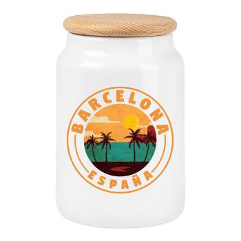 Barcelona Espana Beach Retro - Cookie Jar with Wooden Lid - white - Front