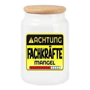 ACHTUNG FACHKRÄFTE MANGEL SPRÜCHE - HANDWERK - Keksdose mit Holzdeckel - Weiß - Vorne