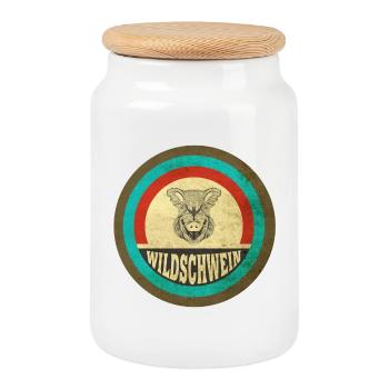 Wildschwein Vintage Design - Keksdose mit Holzdeckel - Weiß - Vorne