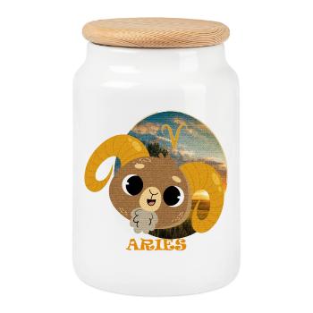 Zodiac sign ARIES - Cookie Jar with Wooden Lid - white - Front