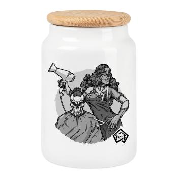 Friseurin, Friseuse, Frisörin, Friseur, Totenkopf - Keksdose mit Holzdeckel - Weiß - Vorne