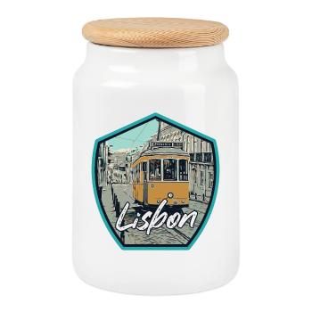 Lisbon, beautiful city of Portugal with tram - Cookie Jar with Wooden Lid - white - Front