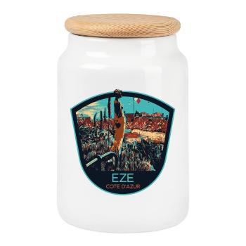 Illustration originale village d'Èze, Côte d'Azur - Boîte à biscuits avec couvercle en bois - blanc - Devant