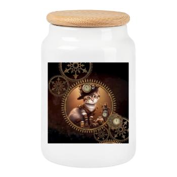 Little steampunk kitten - Cookie Jar with Wooden Lid - white - Front