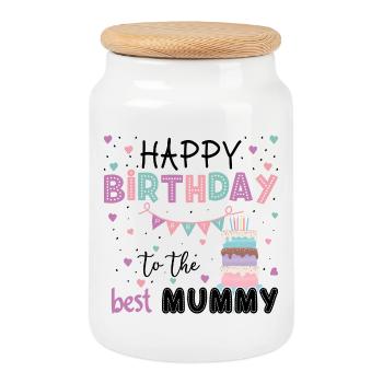 Pastel Birthday Cake & Bunting Design - Cookie Jar with Wooden Lid - white - Front
