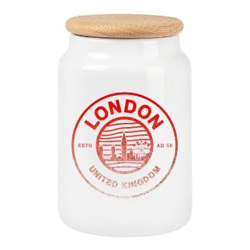 London Skyline Stamp Design - Cookie Jar with Wooden Lid - white - Front