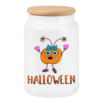 Halloween Kürbis als süßer Vampir für Kinder - Keksdose mit Holzdeckel - Weiß - Vorne