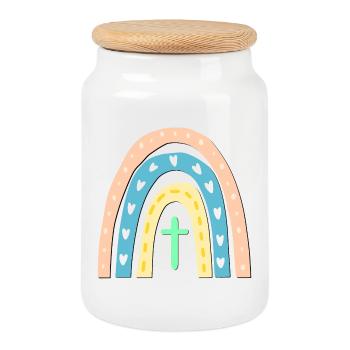 CHILDREN RELIGION - CHRISTIAN CROSS - RAINBOW - Cookie Jar with Wooden Lid - white - Front