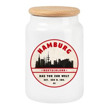 Emblème vintage de la Skyline de Hambourg - Boîte à biscuits avec couvercle en bois - blanc - Devant