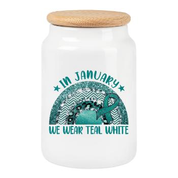En janvier, nous portons un cancer du col de l’utérus blanc sarcelle - Boîte à biscuits avec couvercle en bois - blanc - Devant