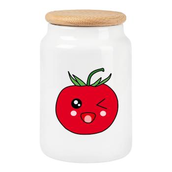 Funny Tomato with Face Kawaii Gift - Cookie Jar with Wooden Lid - white - Front