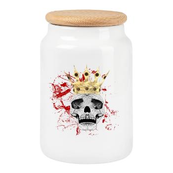 Menschenschädel, Blutflecken, gothic motiv - Keksdose mit Holzdeckel - Weiß - Vorne