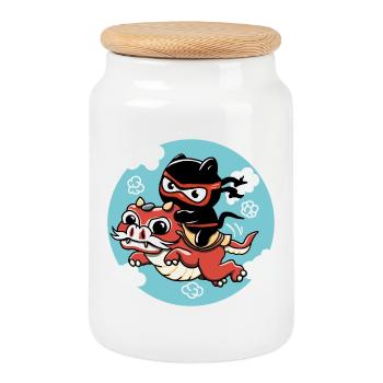 Kawaii Ninja Katze reitet auf einem roten Drachen - Keksdose mit Holzdeckel - Weiß - Vorne