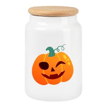 Pumpkin Winker Halloween Cartoon - Cookie Jar with Wooden Lid - white - Front