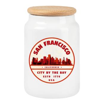Vintage Badge: San Francisco Skyline - Cookie Jar with Wooden Lid - white - Front