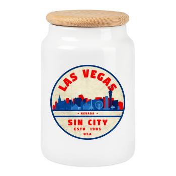 Sin City Skyline Retro Round Logo - Cookie Jar with Wooden Lid - white - Front