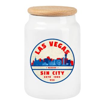 Sin City Skyline Vintage Circle Logo - Cookie Jar with Wooden Lid - white - Front
