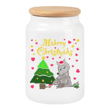 Loup emblématique, Noël sous le sapin de Noël - Boîte à biscuits avec couvercle en bois - blanc - Devant