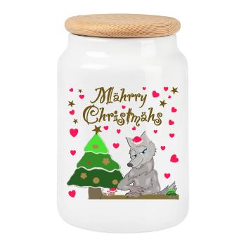 Un loup emblématique a des moutons de Noël sous le sapin - Boîte à biscuits avec couvercle en bois - blanc - Devant