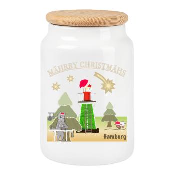 Weihnachten Hamburg, Leuchtturm Bunthaus, Wolf - Keksdose mit Holzdeckel - Weiß - Vorne