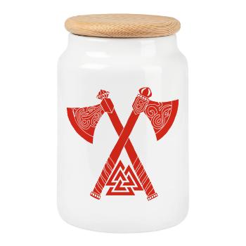 Äxte und rotes Wikingersymbol - Keksdose mit Holzdeckel - Weiß - Vorne