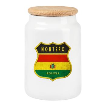 Montero Bolivia coat of arms design - Cookie Jar with Wooden Lid - white - Front
