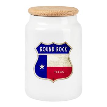 Design du drapeau du Texas Round Rock - Boîte à biscuits avec couvercle en bois - blanc - Devant