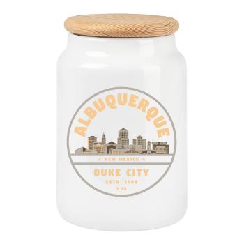 Duke City Skyline Albuquerque - Cookie Jar with Wooden Lid - white - Front