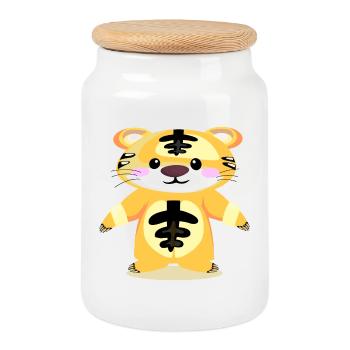 Tiger Schlafanzug - SCHLAFEN KINDER - Keksdose mit Holzdeckel - Weiß - Vorne