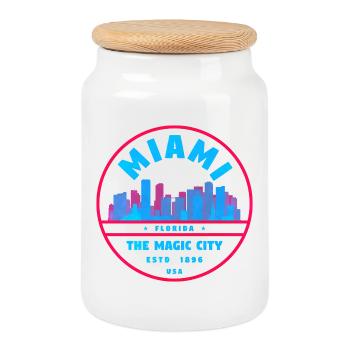 Miami Skyline Neon-Stempel - Keksdose mit Holzdeckel - Weiß - Vorne