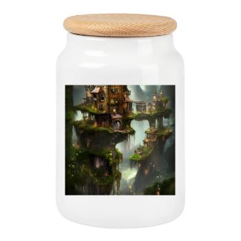 Super ville sur le rocher avec des fées. - Boîte à biscuits avec couvercle en bois - blanc - Devant