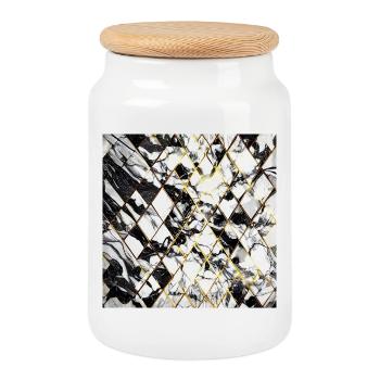 Marble Black White Gold Geometric Mosaic - Cookie Jar with Wooden Lid - white - Front