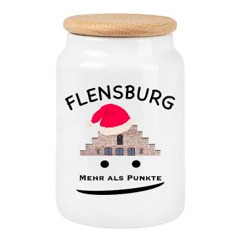 Weihnachten Flensburg Nordertor, ,mehr als Punkte - Keksdose mit Holzdeckel - Weiß - Vorne