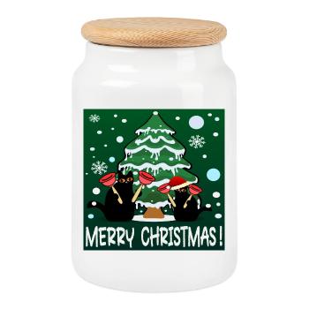 MERRY CHRISTMAS - FUNNY CATS - TOILET PLUNGER - Cookie Jar with Wooden Lid - white - Front