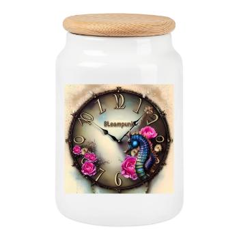 Steampunk watch with flowers and seahorse - Cookie Jar with Wooden Lid - white - Front