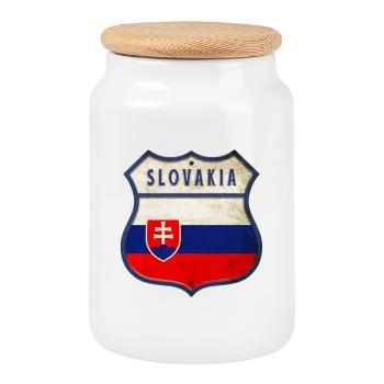 Slovakia flag coat of arms design - Cookie Jar with Wooden Lid - white - Front