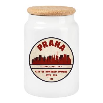 Prague Skyline Vintage Round Logo - Cookie Jar with Wooden Lid - white - Front