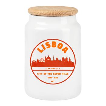 Lisbon Skyline Stamp - Cookie Jar with Wooden Lid - white - Front
