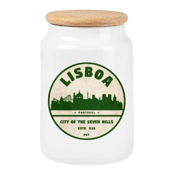 Lisboa Silhouette Stadtlogo - Keksdose mit Holzdeckel - Weiß - Vorne