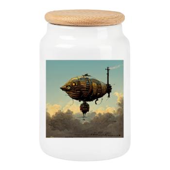 Steampunk Luftschiff - Keksdose mit Holzdeckel - Weiß - Vorne