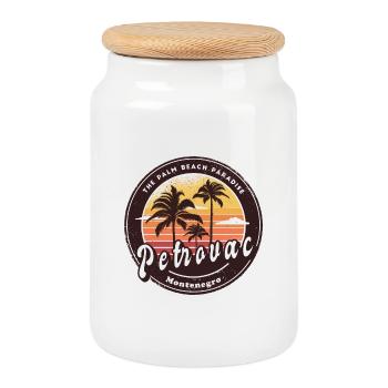 Petrovac Montenegro beach design - Cookie Jar with Wooden Lid - white - Front