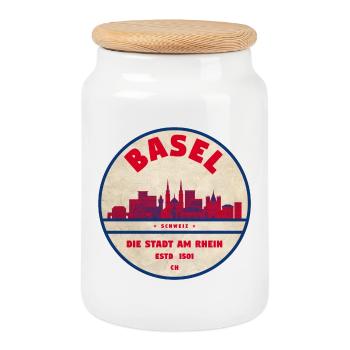 Basel Skyline Vintage Abzeichen - Keksdose mit Holzdeckel - Weiß - Vorne
