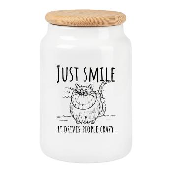 Il suffit de sourire, ça rend les gens fous ! Chat, sourire - Boîte à biscuits avec couvercle en bois - blanc - Devant