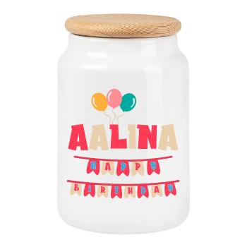 Aalina T-Shirt Happy Birthday T-Shirt - Keksdose mit Holzdeckel - Weiß - Vorne